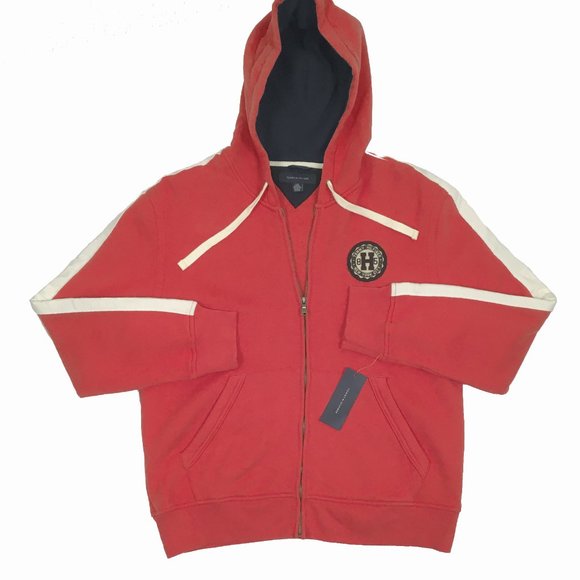 NEW Vintage Tommy Hilfiger Hoodie Sweatshirt!  Salmon Red Tommy NY Patch Heavier - Picture 1 of 2